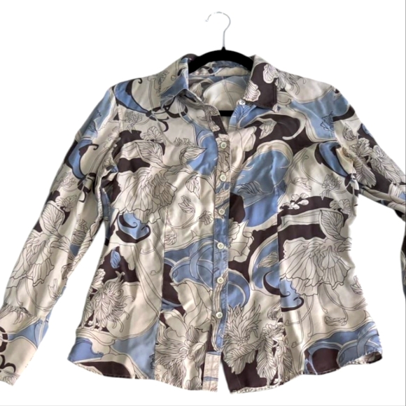 Ann Taylor 100% Silk Floral Blouse - Blue and Brown Size 10 - Picture 1 of 10
